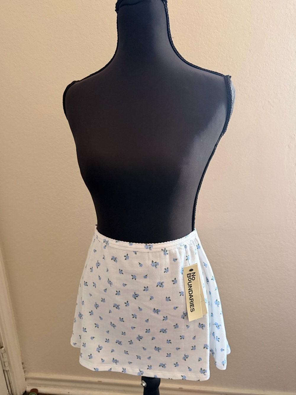 No Boundaries White Mini Skirt with Blue Floral Print